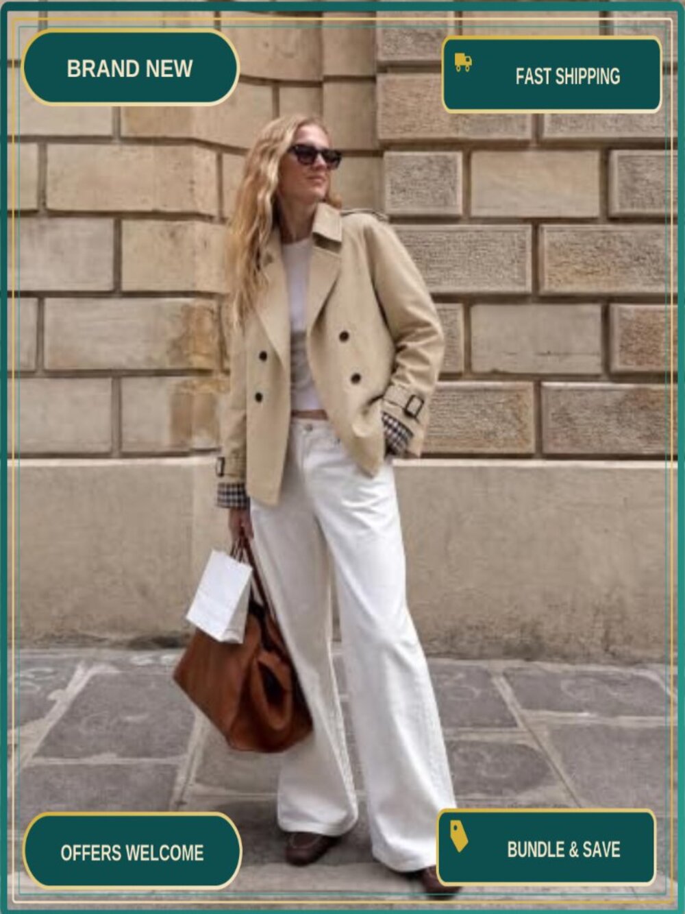 Oversized Cropped Trench Coat Double Breasted 100% Polyester Jacket - Picture 5 of 6
